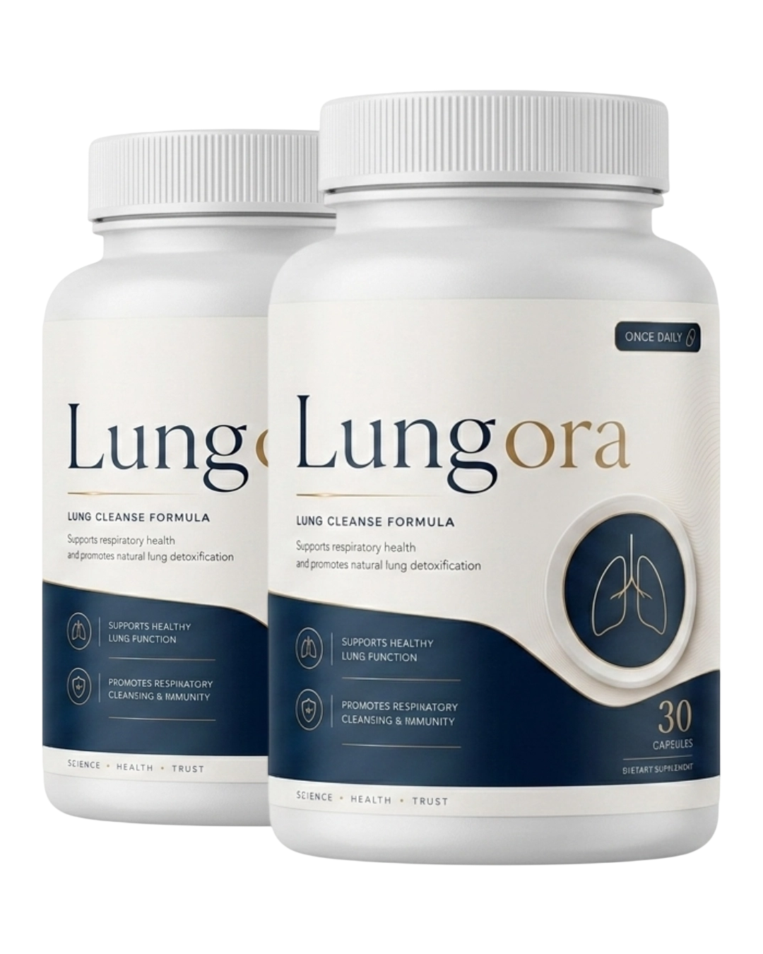 Two bottles of Lungora daily respiratory wellness capsules